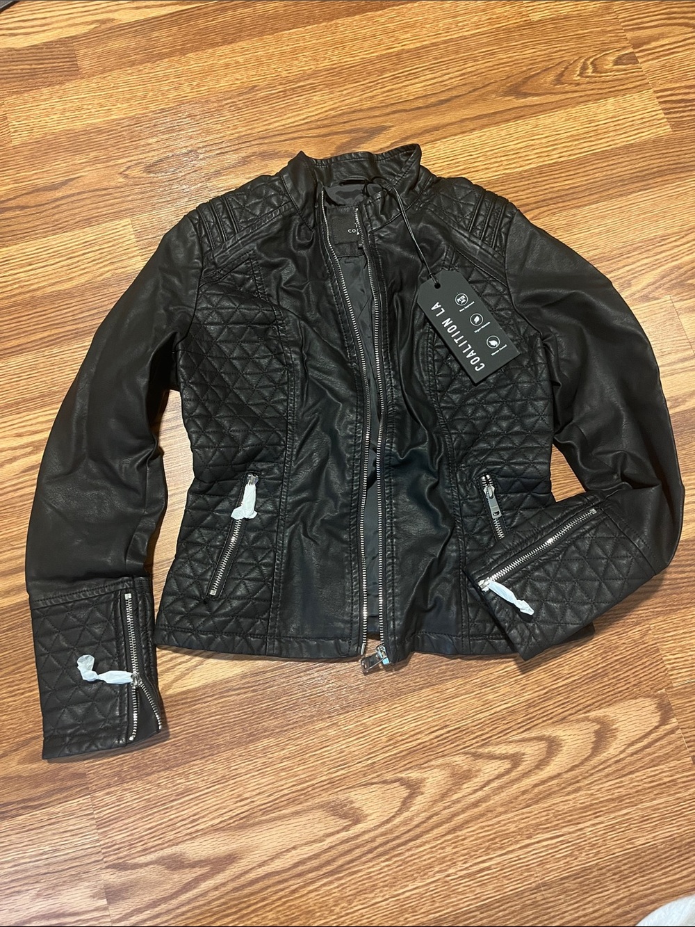 Black Quilted Faux Leather Moto Jacket - Size Small
